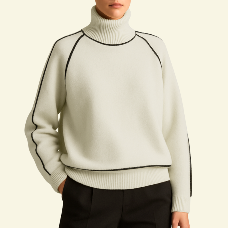 Golf damski w kolorze złamanej bieli z kontrastową lamówką, miękka alpaka blend i swobodny fason — Lubomirske