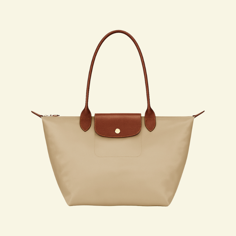 Beżowo-khaki torebka na ramię z nylonu i skóry naturalnej, z brązowymi uchwytami i klapką — Lubomirske