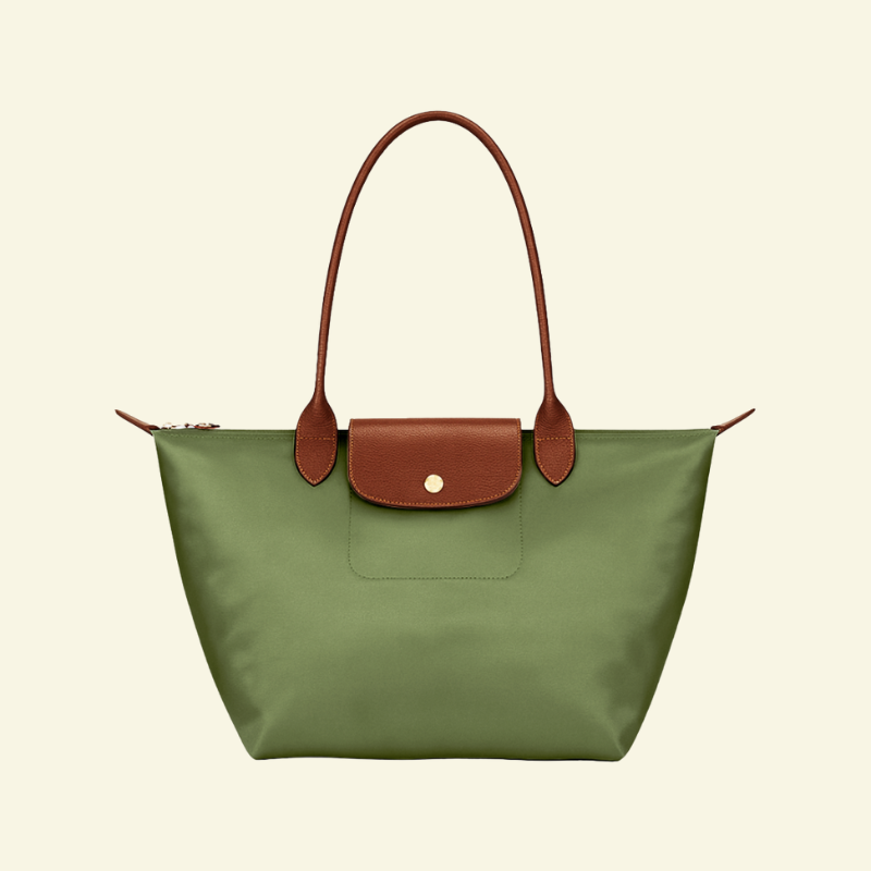 Oliwkowozielona torebka na ramię z nylonu i skóry naturalnej, z brązowymi uchwytami i klapką — Lubomirske