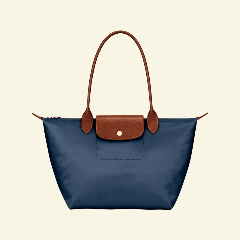 Granatowa torebka na ramię z nylonu i skóry naturalnej, z brązowymi uchwytami i klapką — Lubomirske