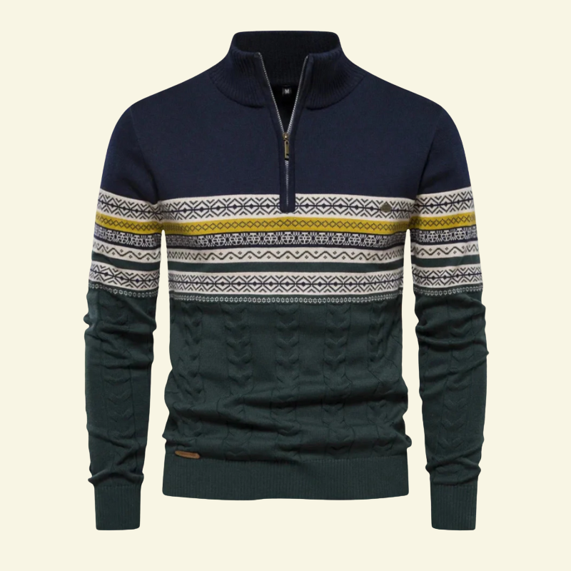 Granatowy męski sweter z półgolfem i zamkiem, z żółtym i białym wzorem w pasy, ujęcie od przodu.