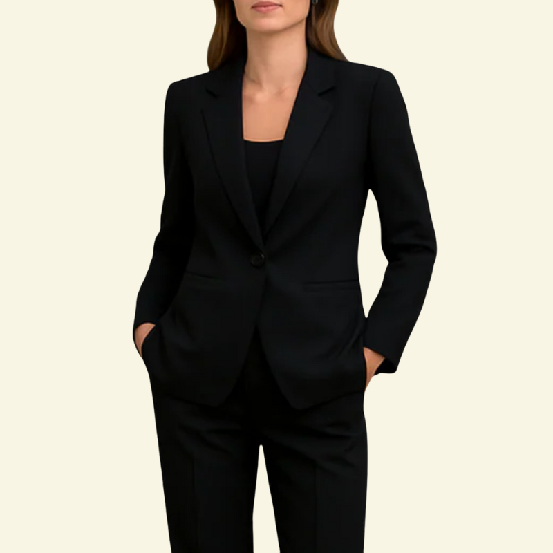 Woman wearing black suit set with white undershirt