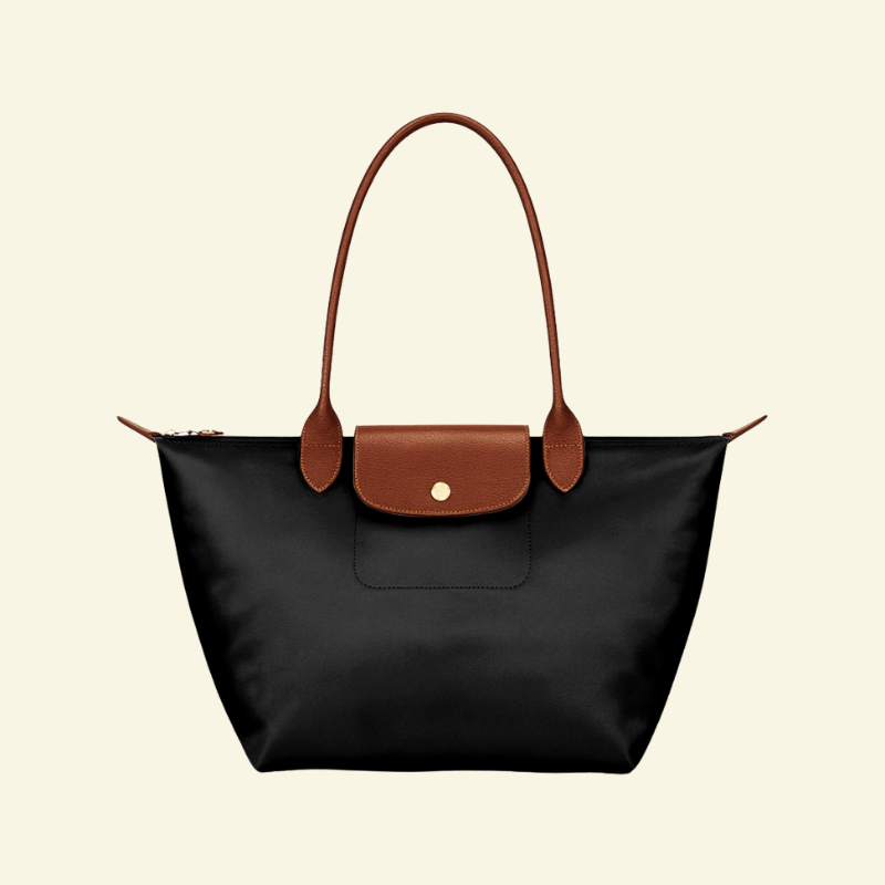 Czarna torebka na ramię z nylonu i skóry naturalnej, z brązowymi uchwytami i klapką — Lubomirske