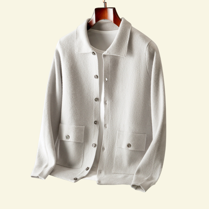 Biały kardigan męski z kaszmiru o subtelnym połysku i delikatnej dzianinie — Lubomirske