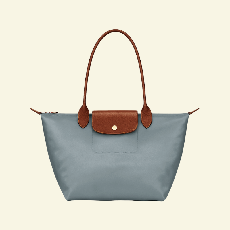 Jasnoszara „srebrna” torebka na ramię z nylonu i skóry naturalnej, z brązowymi uchwytami i klapką — Lubomirske