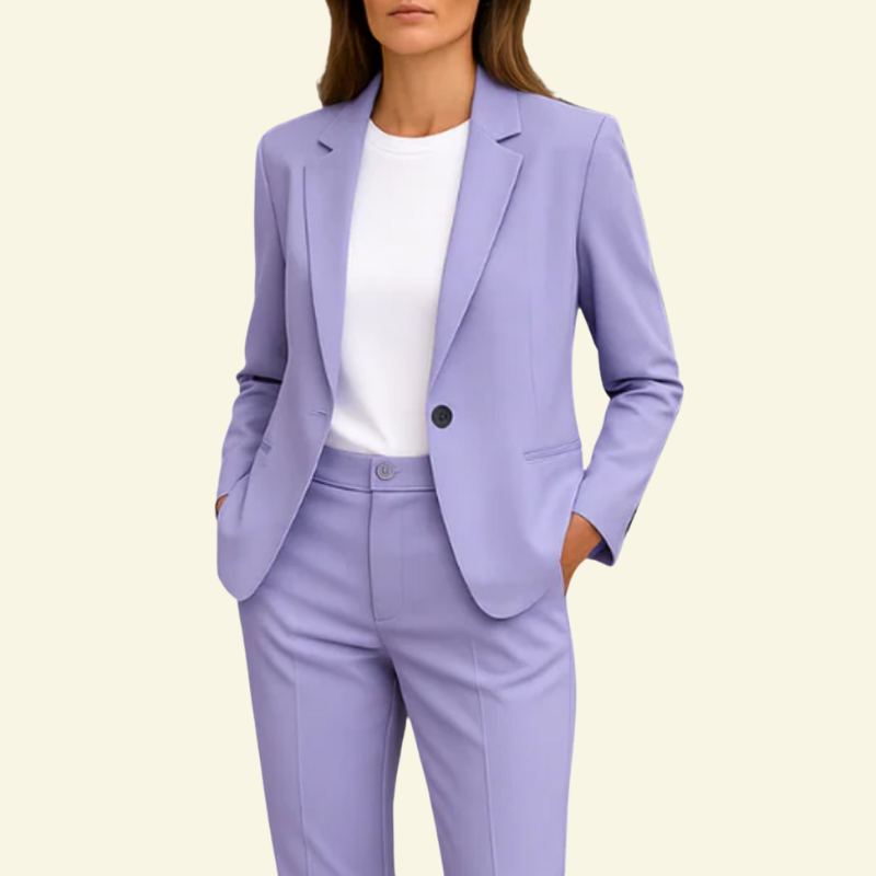 Woman wearing Lavender suit set with white undershirt
