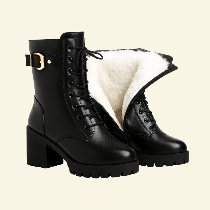 Czarne botki damskie z widocznym wnętrzem wyściełanym miękkim ociepleniem, zapinane na suwak — Lubomirske