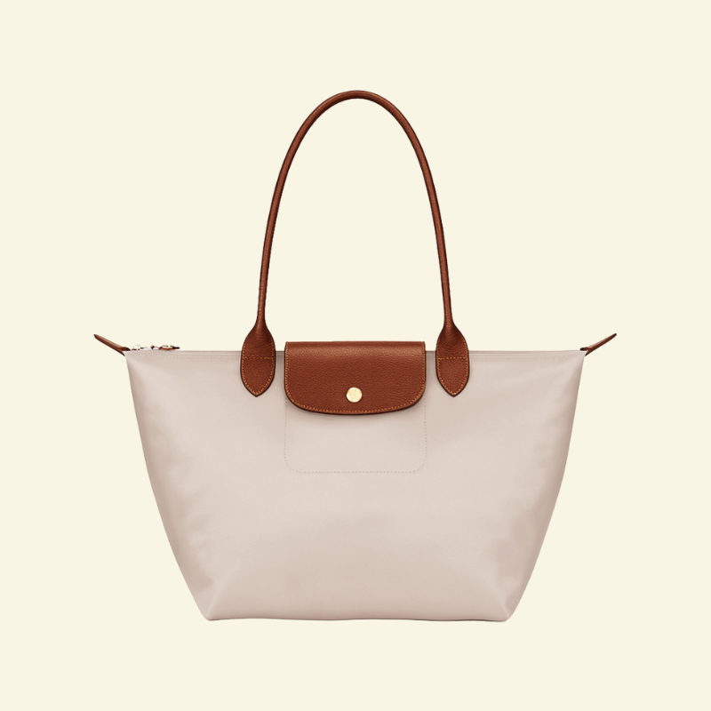 Morelowo-beżowa torebka na ramię z nylonu i skóry naturalnej, z brązowymi uchwytami i klapką — Lubomirske