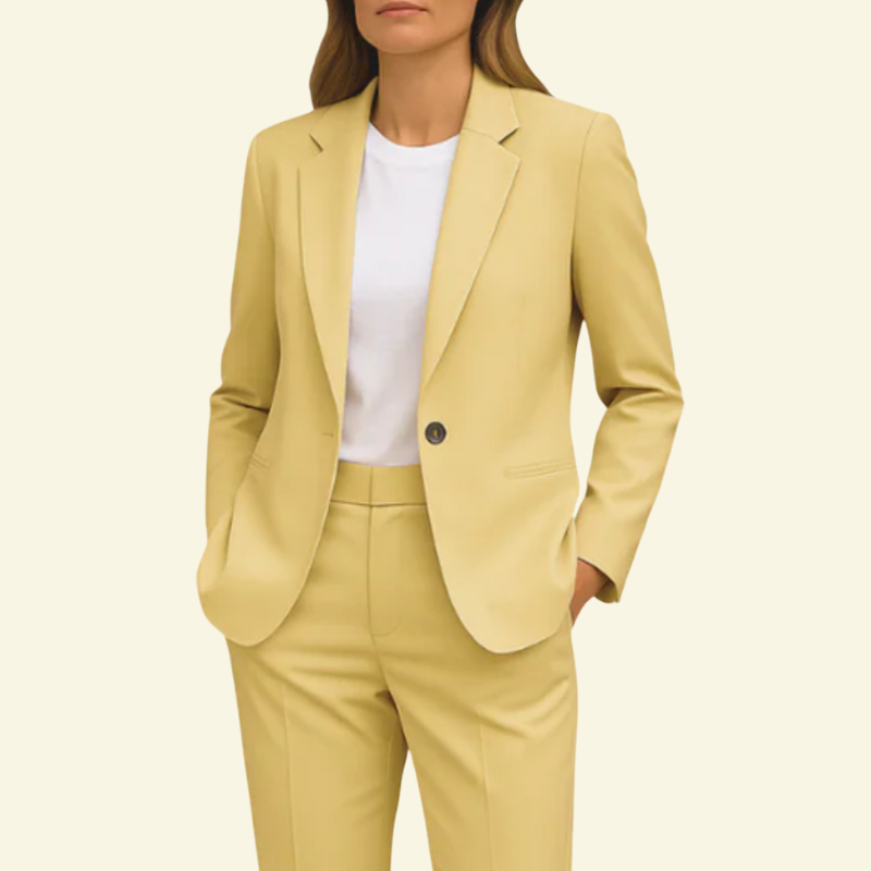 Woman wearing Creme-yellow suit set with white undershirt