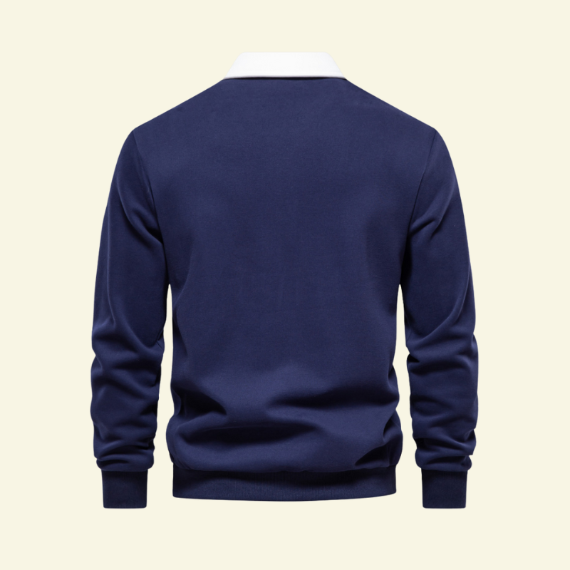 Granatowy sweter polo męski z bawełny, widok od tyłu ukazujący gładką strukturę i czyste linie kroju — Lubomirske