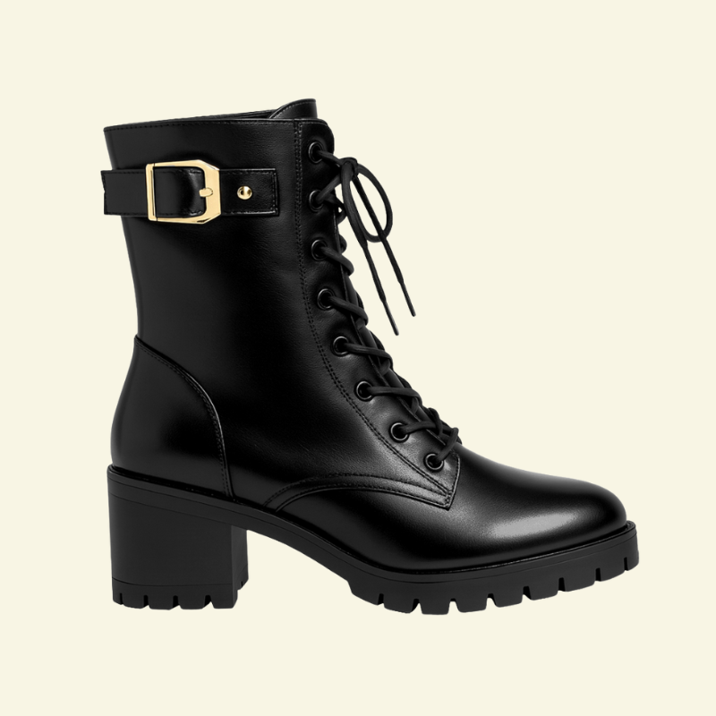 Profil czarnych botków damskich z klamrą i wiązaniem, na masywnym obcasie typu słupek — Lubomirske