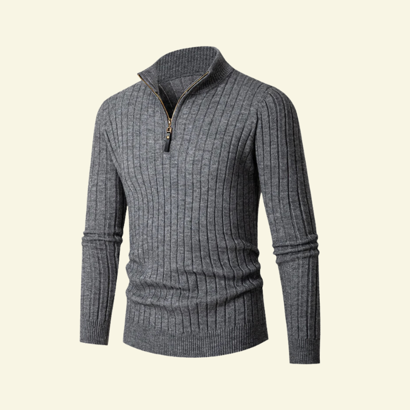 Ciemnoszary męski sweter rozpinany z półgolfem, gęsta prążkowana dzianina i dopasowany krój — zdjęcie produktu z przodu.