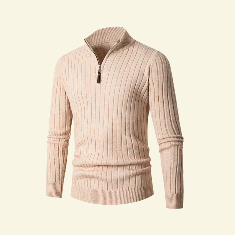 Beżowy kamelowy męski sweter rozpinany z półgolfem, prążkowana struktura i subtelny odcień — front produktu.