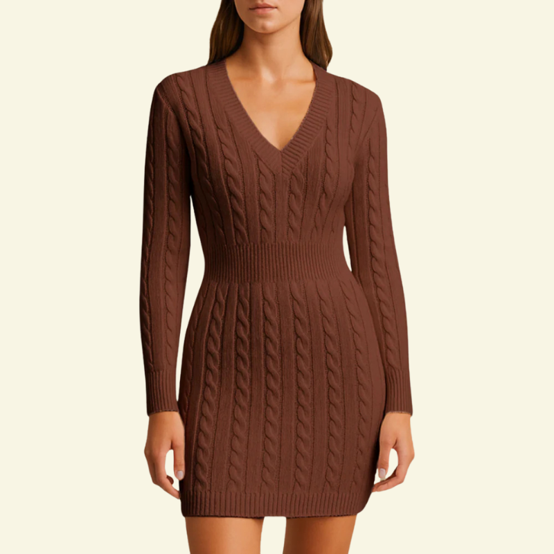 Brązowa sukienka sweterkowa damska z warkoczowym splotem i długim rękawem — Lubomirske