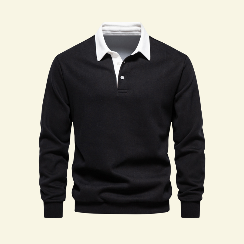 Czarny bawełniany sweter polo męski z kontrastowym kołnierzem, minimalistyczny i klasyczny design — Lubomirske
