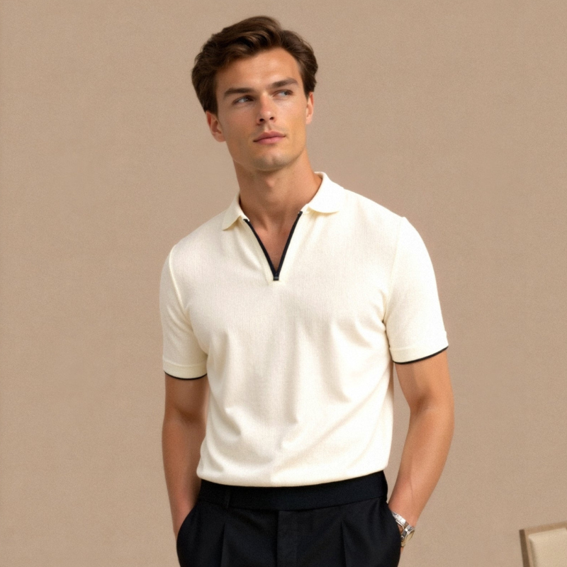 Model w kremowej koszulce polo, ujęcie od przodu na beżowym tle.