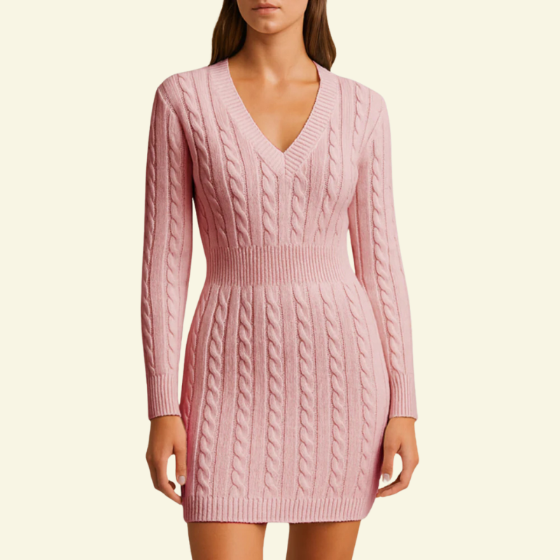 Różowa sukienka sweterkowa damska z dekoltem w serek i miękkiej dzianiny — Lubomirske
