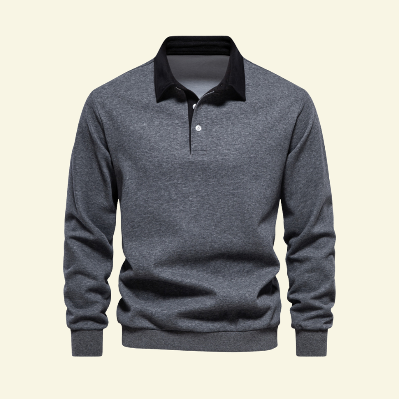 Ciemnoszary bawełniany sweter polo męski z białym kołnierzem, elegancki codzienny styl — Lubomirske