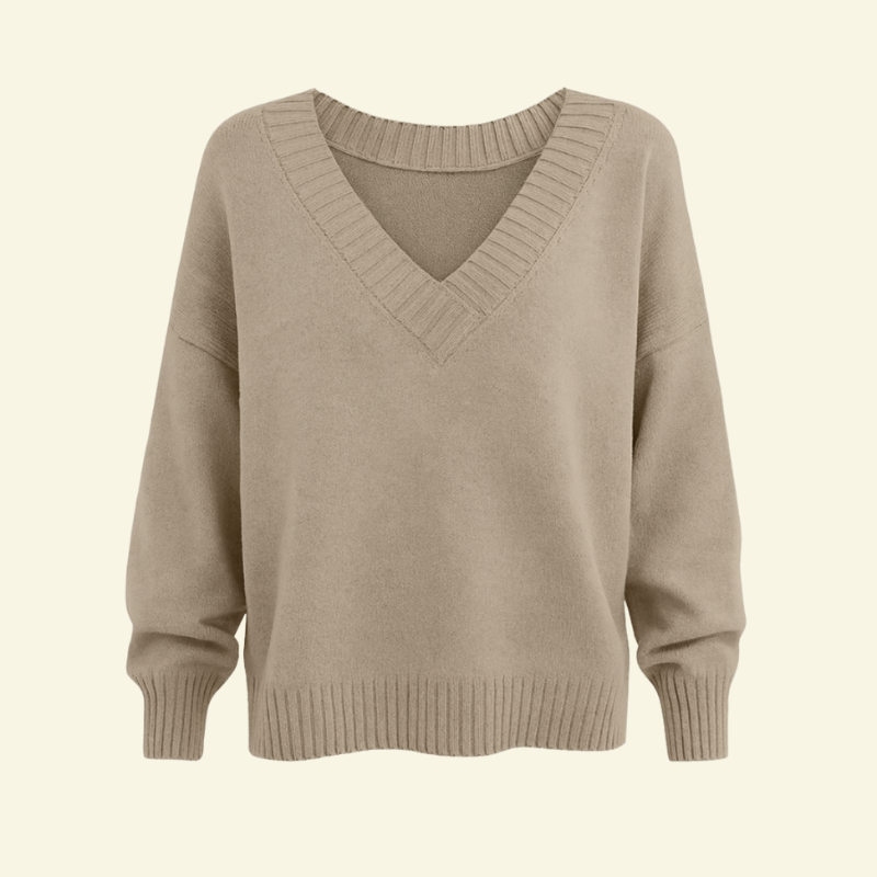 Damski sweter z dekoltem w serek w kolorze beżowo-szarym, klasyczny styl old money — Lubomirske