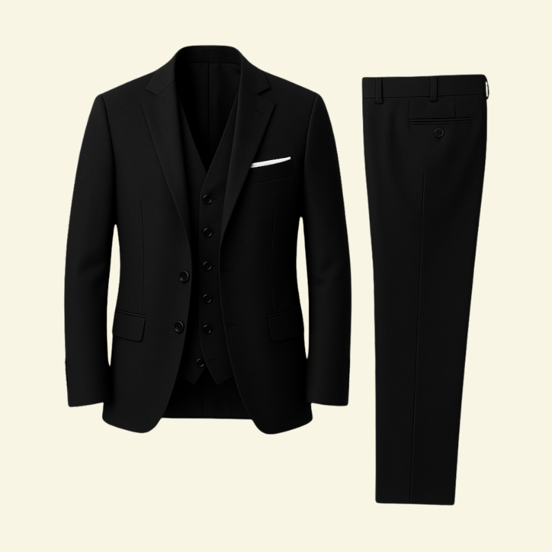 Czarny trzyczęściowy garnitur ułożony na płasko: marynarka, kamizelka i spodnie obok siebie.