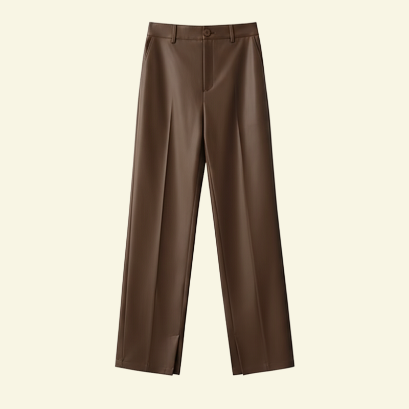 Brązowe spodnie damskie ze skóry ekologicznej o prostym kroju i wysokim stanie, ujęcie produktowe z przodu — Lubomirske