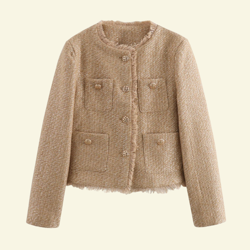 Beżowa marynarka tweedowa z ozdobnymi złotymi guzikami — elegancja w stylu Lubomirske
