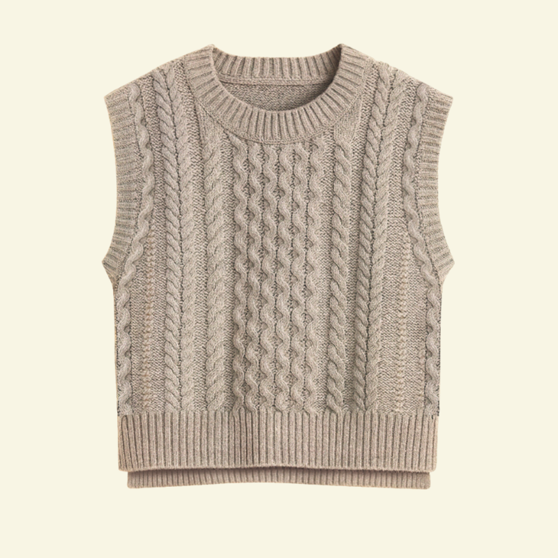Damska kamizelka swetrowa w kolorze beżowo-szarym z eleganckim warkoczowym splotem — Lubomirske