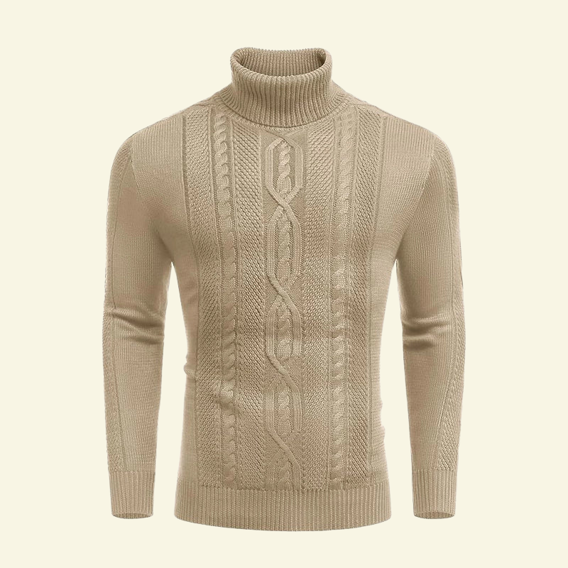 Beżowy golf męski z warkoczowym splotem, wykonany z miękkiej dzianiny o dopasowanym kroju slim fit — Lubomirske