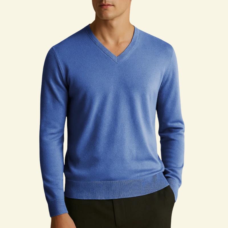 Niebieski sweter męski z czystej wełny i klasycznym dekoltem w serek — elegancki minimalizm — Lubomirske