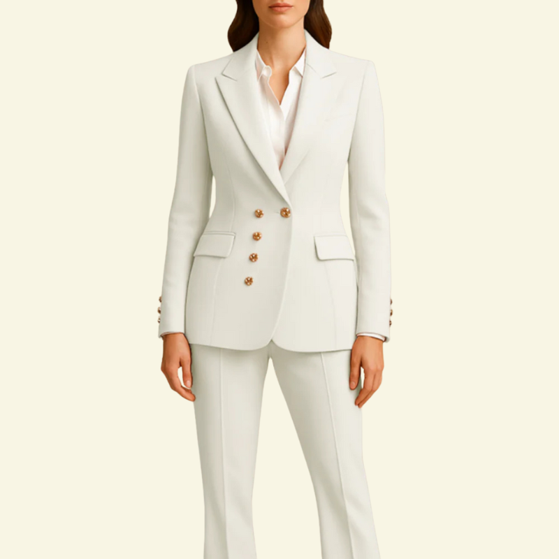 Biały garnitur damski z elegancką marynarką i spodniami o prostym kroju, symbol klasycznej kobiecej elegancji — Lubomirske