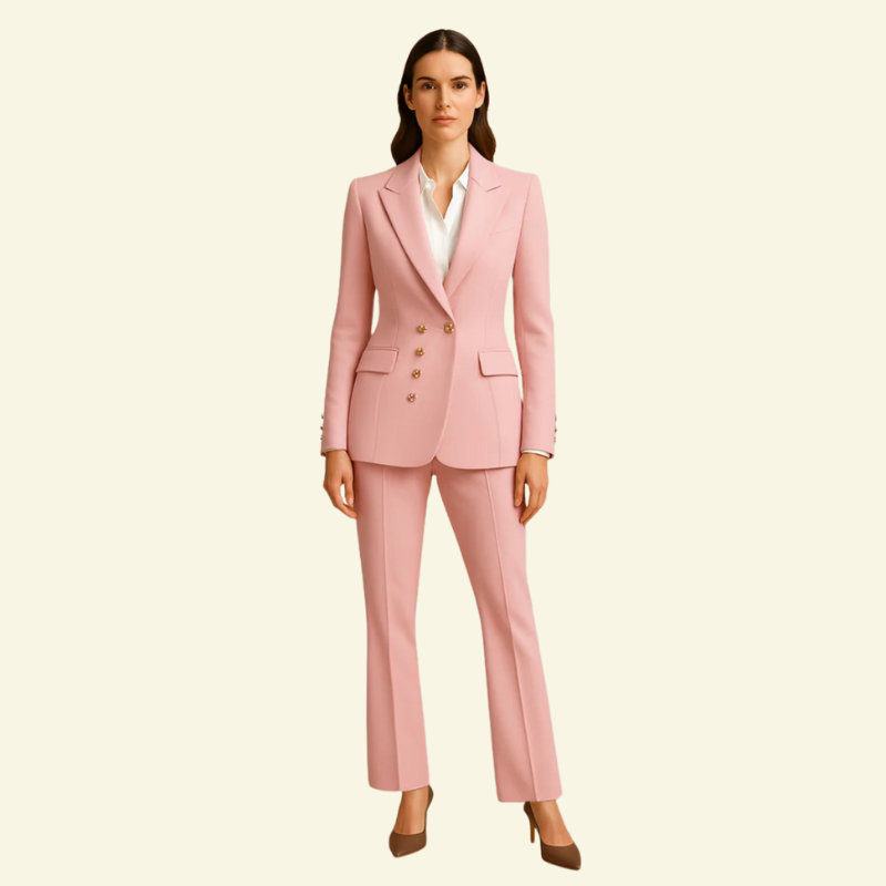 Komplet różowy w stylu old money, prezentujący kobiecą sylwetkę w klasycznej formie garnituru Lubomirske — Lubomirske