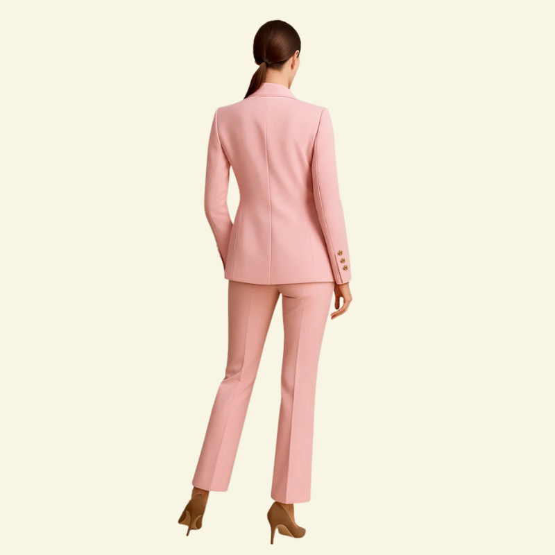 Tył różowego garnituru damskiego ukazujący smukły krój i dopasowaną linię marynarki — Lubomirske