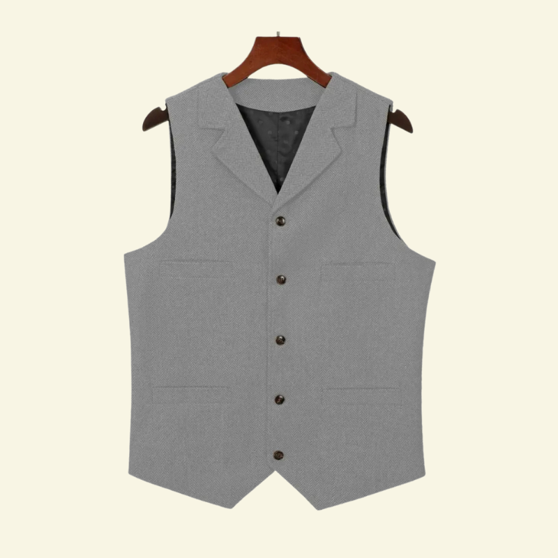 Jasnoszara tweedowa kamizelka męska z klapami i brązowymi guzikami; widok od przodu.