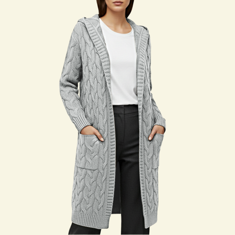 Srebrny kardigan damski z kapturem i ozdobnym splotem, idealny na chłodniejsze dni — Lubomirske