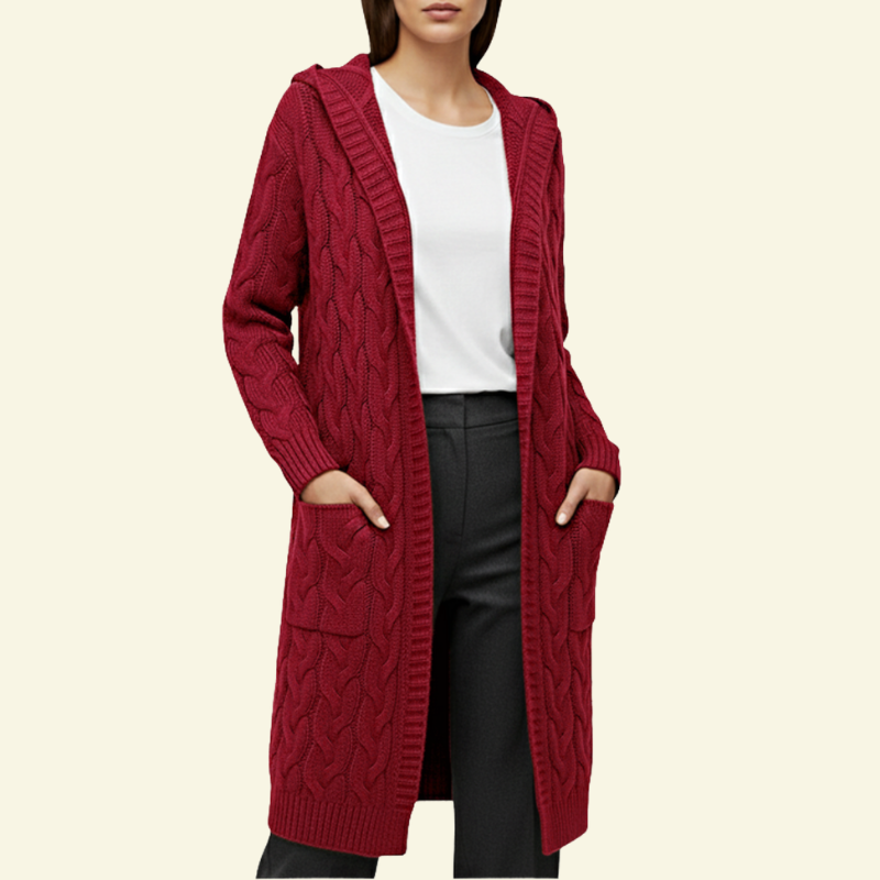 Kardigan damski w kolorze winnej czerwieni z kapturem i warkoczową strukturą — Lubomirske