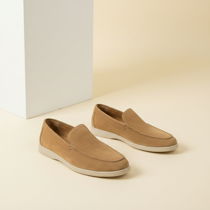 Beżowe męskie mokasyny z zamszu, czysta linia i płaska podeszwa