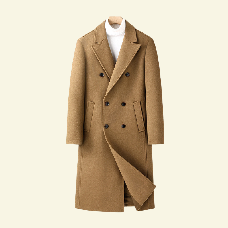 Beżowy płaszcz męski z wełny o dwurzędowym kroju, styl old money — Lubomirske
