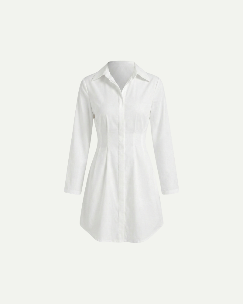 biała sukienka koszulowa mini z długim rękawem i kołnierzykiem – zdjęcie produktu na białym tle