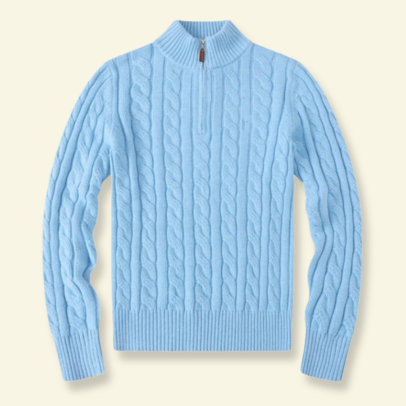 Niebieski mglisty sweter wełniany półgolf z zamkiem, o lekkiej strukturze i eleganckim wykończeniu — Lubomirske