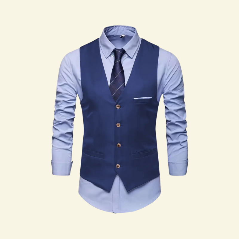 Model w granatowej kamizelce na błękitnej koszuli z krawatem; ujęcie od przodu.