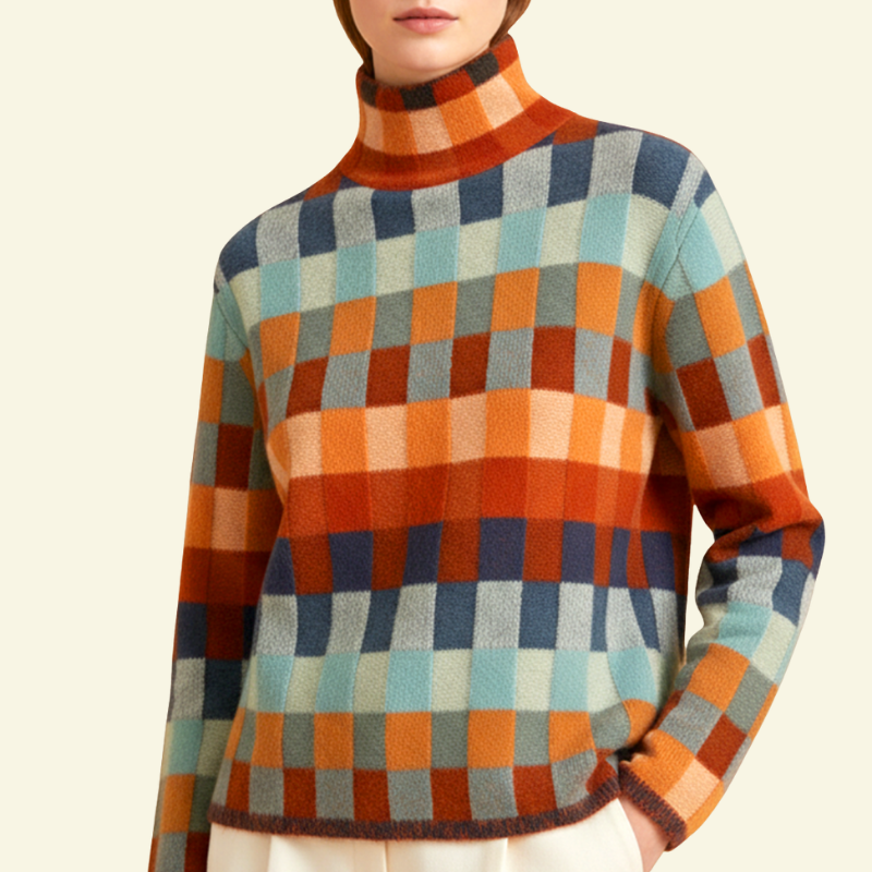 Wielokolorowy golf damski o geometrycznym wzorze, prezentowany w ujęciu 3/4; miękka dzianina i elegancki, swobodny krój — Lubomirske