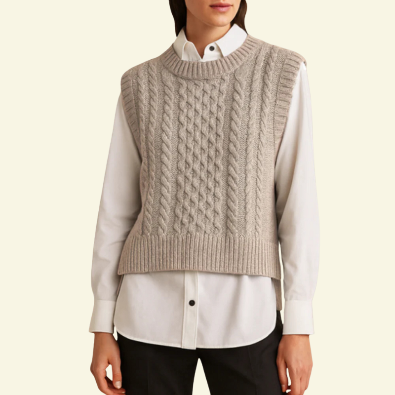 Beżowo-szara kamizelka swetrowa damska o dzianinowej fakturze i klasycznym kroju — Lubomirske