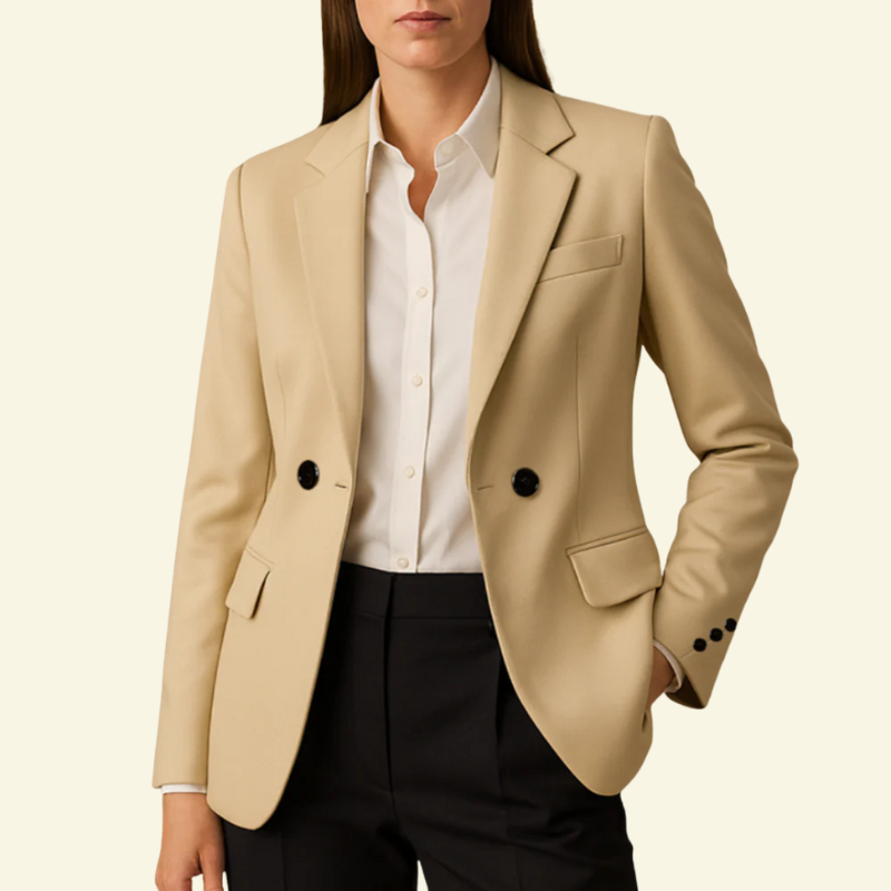 Modelka w beżowej marynarce, ujęcie od przodu, marynarka zapięta, ręce przy bokach.