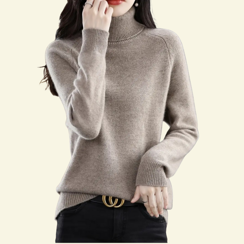 Beżowo-szary golf damski z luźnym krojem i prążkowanymi mankietami, klasyczna elegancja w wydaniu Lubomirske — Lubomirske