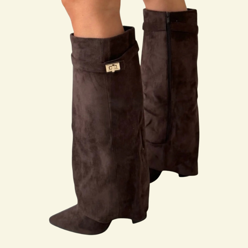 Kozaki damskie do kolana na koturnie w kolorze czekoladowego brązu, zamszowe wykończenie