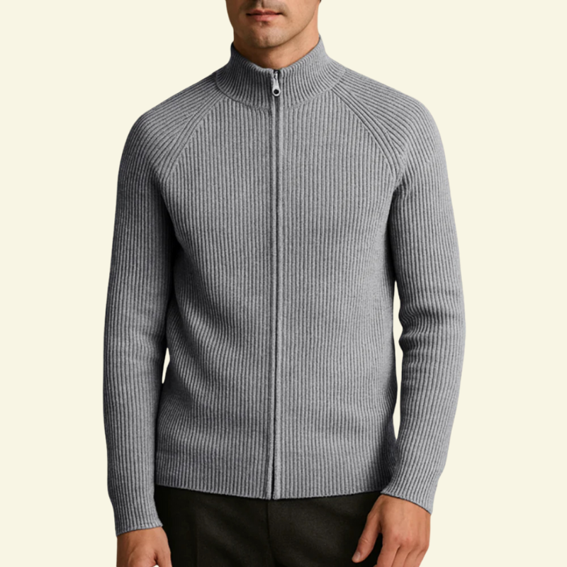 Sweter męski w kolorze srebrnym o prążkowanej strukturze i eleganckim kroju — Lubomirske