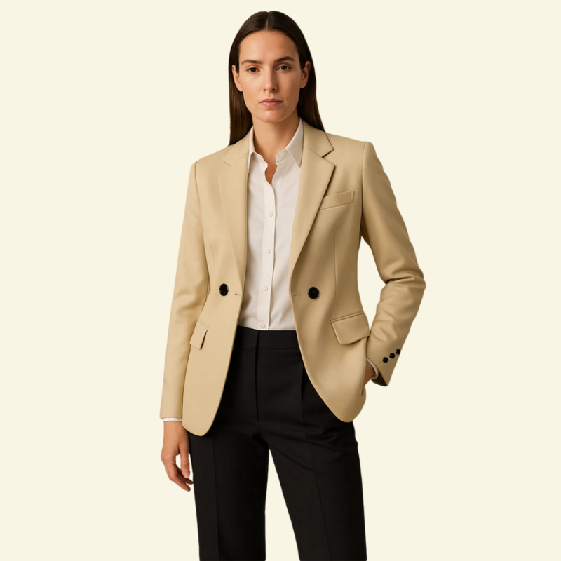 Modelka w beżowej marynarce i czarnych spodniach, ujęcie całej sylwetki od przodu.