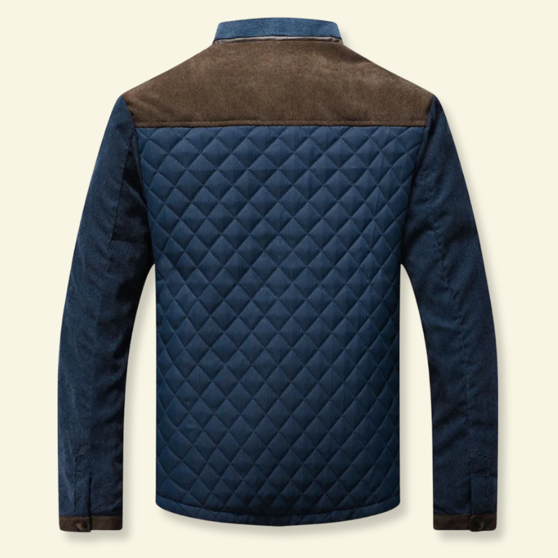 Tył niebieskiej kurtki męskiej z brązowym karczkiem i stębnowaniem w romby, fason dopasowany — Lubomirske