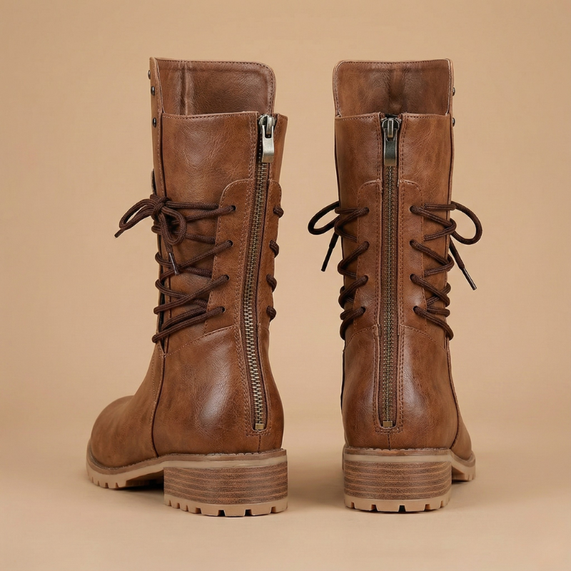 Botki sznurowane damskie w kolorze brąz kasztanowy, skóra ekologiczna, widok od tyłu