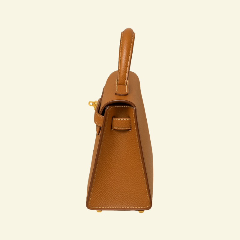 Profil brązowej torebki kuferkowej ze skóry naturalnej, z eleganckim złotym zapięciem — Lubomirske